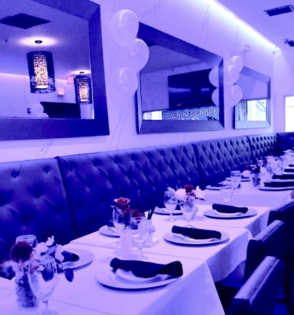 Elegant brunch setup at Don Rene NYC private event venue in White Plains NY with balloon décor by Soby Cam Events